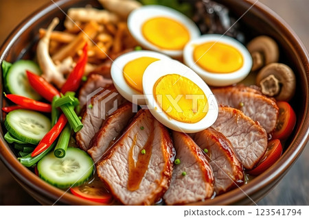 Rustic Gourmet Bowl of Roasted Duck with Vegetables and Boiled Egg Rustic Gourmet Bowl of Roasted Duck with Vegetables and Boiled Egg 123541794