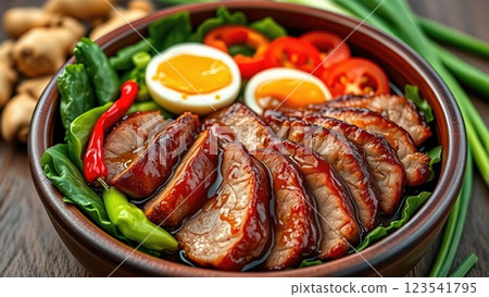 Rustic Gourmet Bowl of Roasted Duck with Vegetables and Boiled Egg 123541795