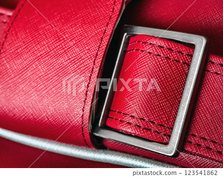 Close-up view of a bright red handbag showcasing detailed stitching and metallic buckle in a well-lit setting Close-up view of a bright red handbag showcasing detailed stitching and metallic buckle in a well-lit setting 123541862