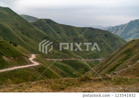 A mountain range with a winding road that leads to the top 123541932