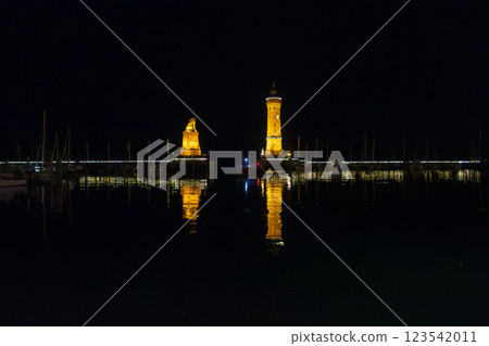 Port of Lindau on Lake Constance at night, Bavaria, Germany 123542011
