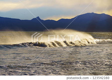 Sea waves forming white foam on sunny day. 123542160