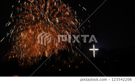 Colorful fireworks at holiday night Colorful fireworks at holiday night 123542206