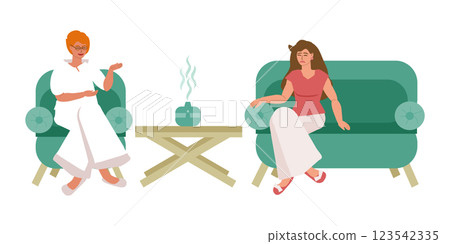 Sad woman in the office of a psychotherapist Sad woman in the office of a psychotherapist 123542335