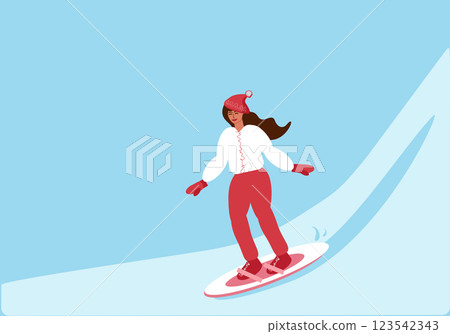 Young woman in ski suit riding downhill on snowboard Young woman in ski suit riding downhill on snowboard 123542343