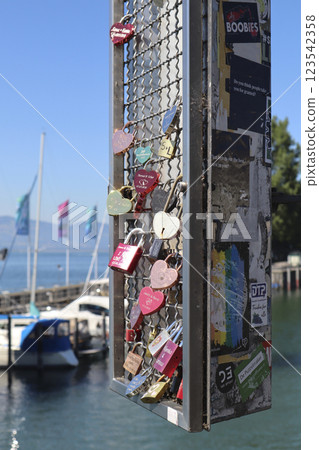 Love locks at Lake Constance, Lindau, Bavaria, Germany 123542358