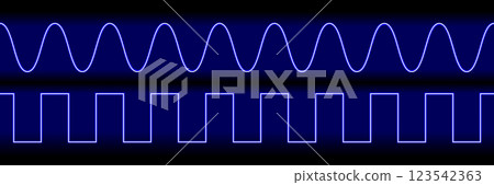 Neon lines of analog and digital circuit DAC on dark blue screen Neon lines of analog and digital circuit DAC on dark blue screen 123542363
