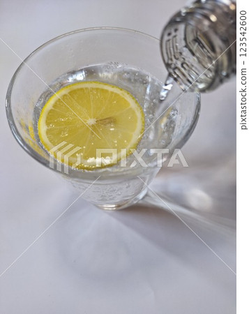 Carbonated water with lemon slices 123542600