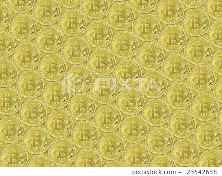 Gold coins of the Bitcoin across the surface of the image 123542638