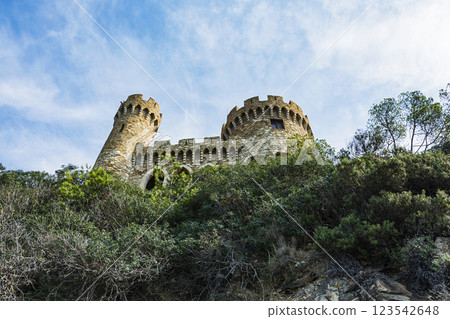 Spain, Lloret de Mar-September 22, 2017: Sant Joan castle. Built in the X century. Spain, Lloret de Mar-September 22, 2017: Sant Joan castle. Built in the X century. 123542648