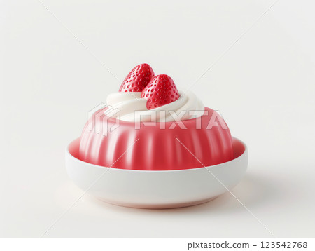 Strawberry jelly dessert with cream in a white bowl. Illustration 123542768