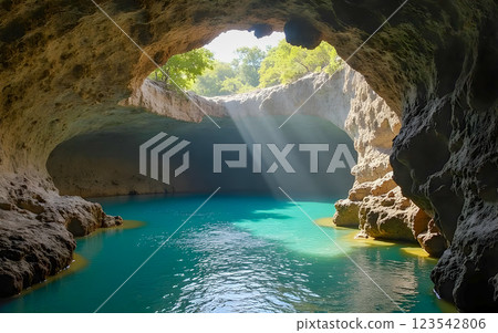 waterfall in the cave 123542806