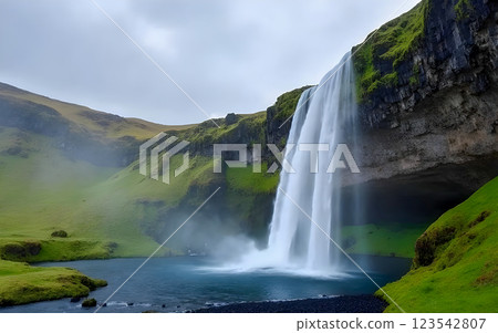 beautiful waterfall in the mountains 123542807