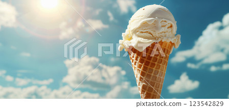 Cone of vanilla ice-cream on blue sky background. Horizontal banner for summer stories 123542829
