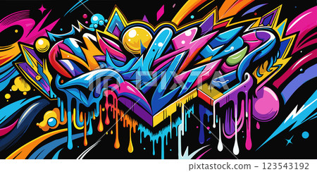 Modern Graffiti Design with Bright Paint Flowing Down Black Wall 123543192
