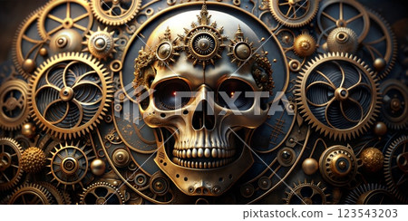 Golden skull with elaborate gears and mechanical elements, embodying the essence of steampunk artistry and precision Golden skull with elaborate gears and mechanical elements, embodying the essence of steampunk artistry and precision 123543203