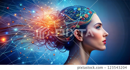 A mesmerizing depiction of a woman's profile with a glowing brain and radiant energy lines symbolizing the power of the human mind A mesmerizing depiction of a woman's profile with a glowing brain and radiant energy lines symbolizing the power of the human mind 123543204