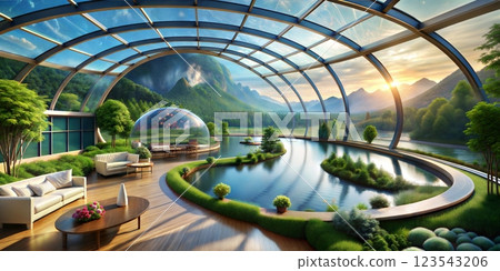 A futuristic indoor garden with a glass dome ceiling, serene water features, and lush greenery creating a tranquil oasis A futuristic indoor garden with a glass dome ceiling, serene water features, and lush greenery creating a tranquil oasis 123543206