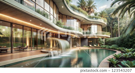 A grand futuristic building with expansive glass windows and a tranquil pool reflecting the surrounding lush vegetation A grand futuristic building with expansive glass windows and a tranquil pool reflecting the surrounding lush vegetation 123543207