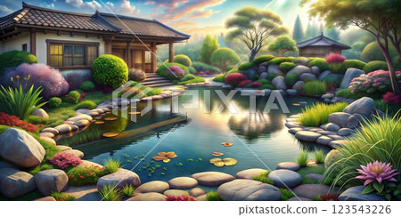 A stunning Japanese garden with a reflective pond, colorful blooms, and classic architecture nestled in a lush, green setting A stunning Japanese garden with a reflective pond, colorful blooms, and classic architecture nestled in a lush, green setting 123543226
