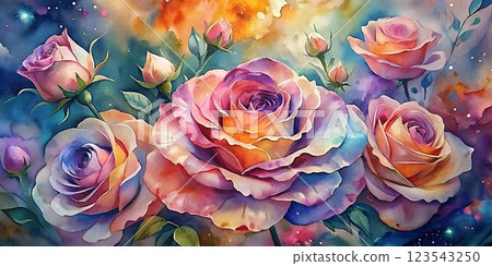 A mesmerizing watercolor depiction of multicolored roses with intricate details and vivid hues set against a cosmic starry night sky 123543250