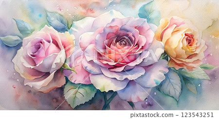 A stunning watercolor illustration of pale pink roses with detailed petals and rich green leaves on a soft purple background 123543251
