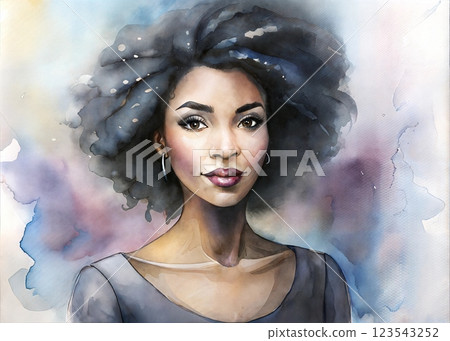 Beautiful black woman with elegant hairstyle in watercolor illustration 123543252