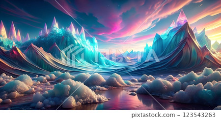 Bright Neon 3D Render of Fluid Glass and Plastic with Water Flow 123543263