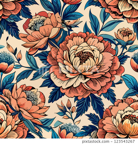 Stylish peony flower pattern in beige and blue tones 123543267