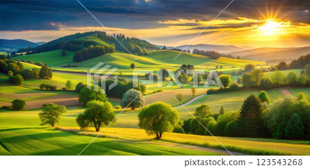 Breathtaking landscape with dramatic clouds sunlight breaking through illuminating the verdant fields and dense forests 123543268