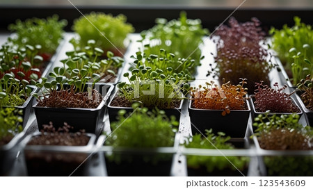 Fresh microgreens growing on windowsill. 123543609