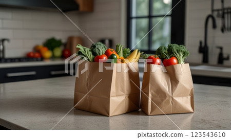 Fresh groceries in paper bags on kitchen counter. 123543610