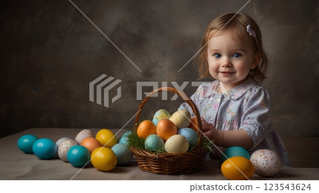 Baby in a white dress playing with colorful Easter eggs in a basket. 123543624
