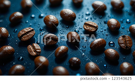 Floating coffee beans with water droplets on blue background. 123543625