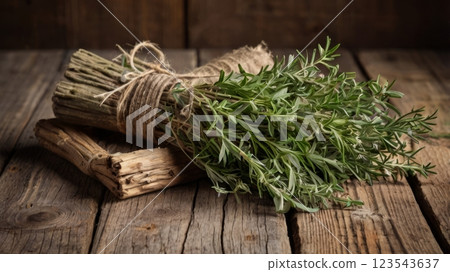 Rustic herb bundle on wooden background. 123543637