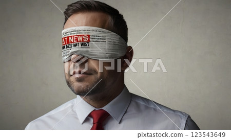 Man blindfolded with a newspaper symbolizing misinformation. 123543649