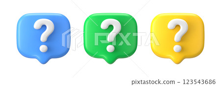 3d question mark. Bubble ask icon faq. Set of vector render signs to help users and find solutions in their doubts. 123543686