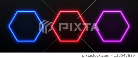 Neon light hexagon frame. Borders with led glow in blue, red and purple. Vector fluorescent empty template for design with space for text. Neon light hexagon frame. Borders with led glow in blue, red and purple. Vector fluorescent empty template for design with space for text. 123543689