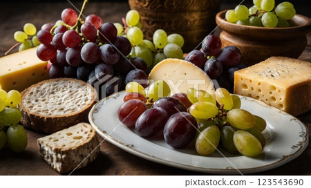 Elegant cheese platter with grapes and gourmet appetizers. 123543690