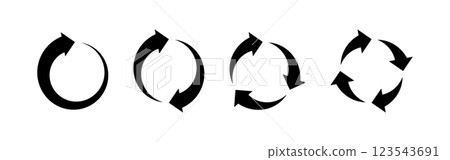Circular arrow icons. Round cycle illustrating repeat, rotation or refresh loading process. Vector set isolated on white background. 123543691