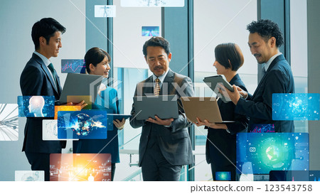 Business person having a meeting and video content image Business person having a meeting and video content image 123543758