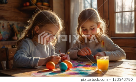 Happy children painting Easter eggs at a wooden table in a cozy home. 123543790