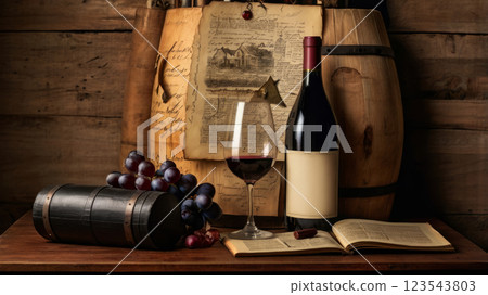 Rustic still life with a glass and wooden barrels. 123543803