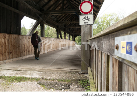 Wooden bridge at Way of St. James Isar Loisach Tiroler Ache Inn Wooden bridge at Way of St. James Isar Loisach Tiroler Ache Inn 123544096