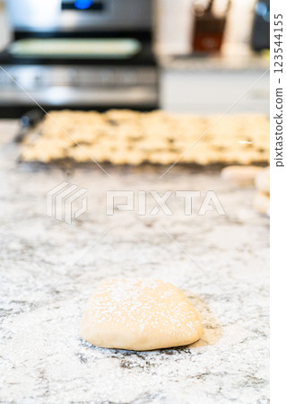 Enjoy the festive tradition of rolling out cookie dough and cutting snowflake-shaped sugar cookies, perfect for the holiday season. 123544155