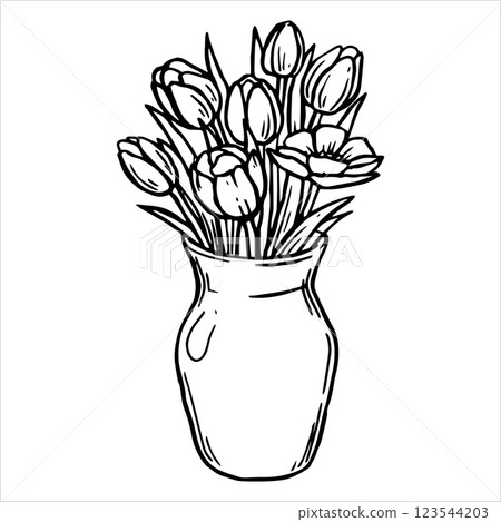 illustration in doodle style. bouquet of tulip flowers in a vase. vintage sketch 123544203