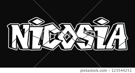 Stylized Nicosia illustration in a bold white graffiti style against a black backdrop 123544251