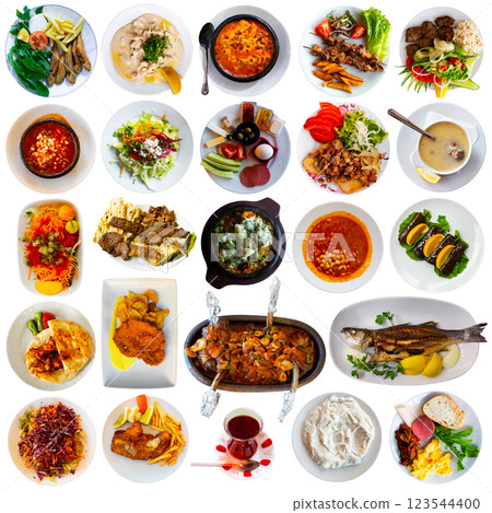 Collection of traditional Turkish dishes isolated on white background Collection of traditional Turkish dishes isolated on white background 123544400