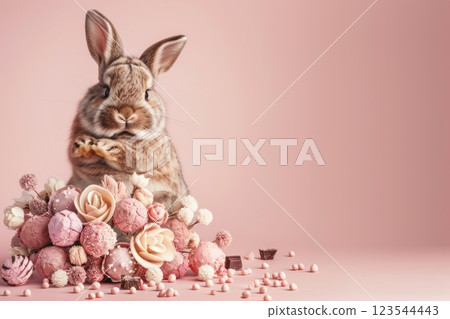 Rabbit sits behind bouquet of chocolate flowers and candies in pink setting Rabbit sits behind bouquet of chocolate flowers and candies in pink setting 123544443