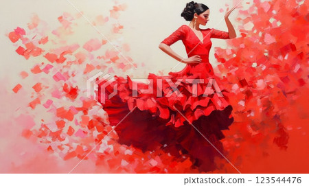 Flamenco dancer performing with passion in red dress on international dance day 123544476